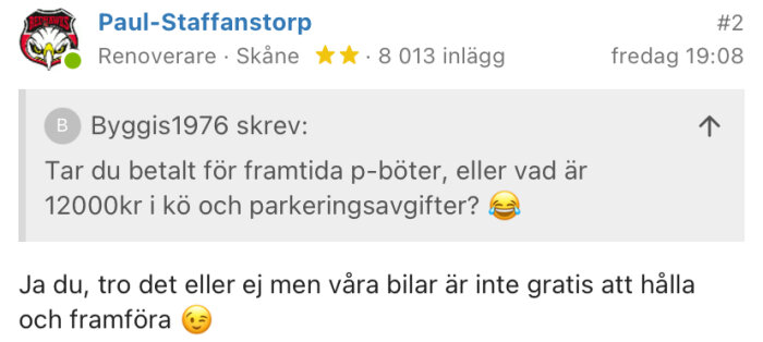 Skärmbild av ett forum-inlägg om kostnader för bilar, parkeringsböter och skämtsam ton.