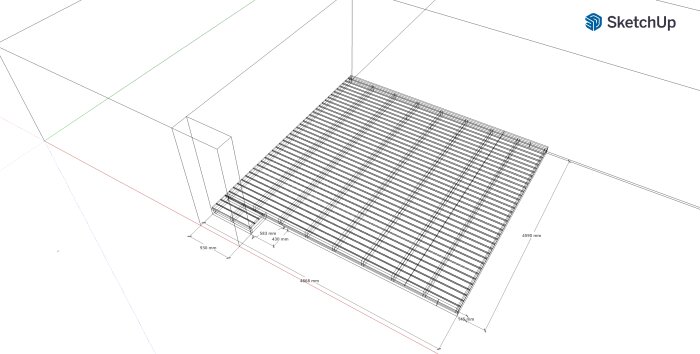 Skiss i 3D av ett planerat altanbygge med måttangivelser i SketchUp.