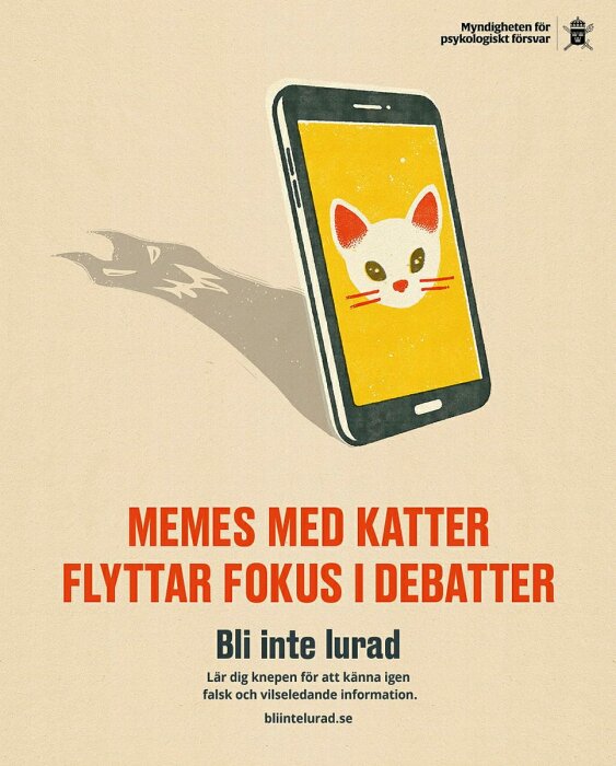 Illustration av en smartphone med en katt-meme, skugga formar ett handpistoltecken, "Bli inte lurad" kampanjtext.