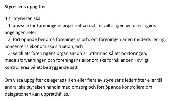 Textdokument som beskriver styrelsens uppdrag för ekonomiska föreningar enligt svensk lag.