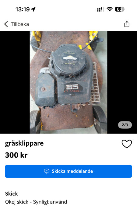 Använd gräsklippare av märket 35 Classic med rost och synliga bruksspår, till salu för 300 kr.