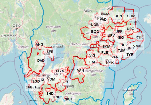 Karta över Sverige som visar Vattenfalls glesbygdsnät i övre Norrland med röda markeringar och förkortningar.