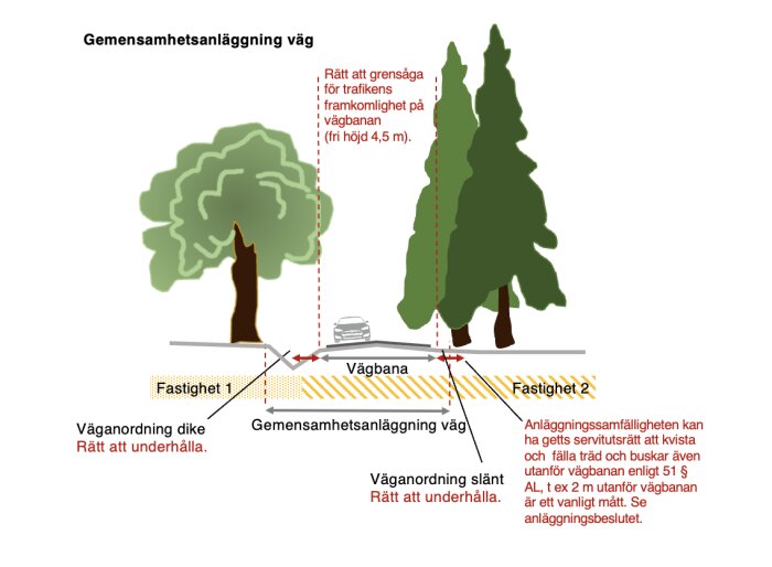 Illustration som visar rättigheter för underhåll av växtlighet vid en gemensamhetsanläggnings väg.