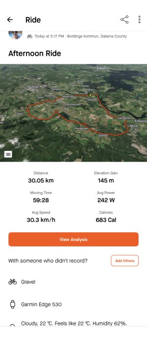 Cyclist's GPS tracking overview showing a 30.05 km ride with stats, on a satellite map with route highlighted.