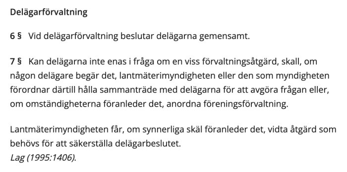 Skärmbild av lagtext om delägarförvaltning från Lag (1995:1406).