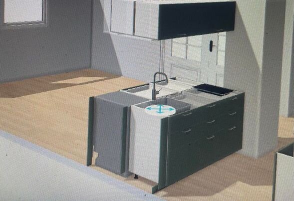 3D-rendering av ett litet minimalistiskt kök med överskåp, trägolv och tak i en stuga.