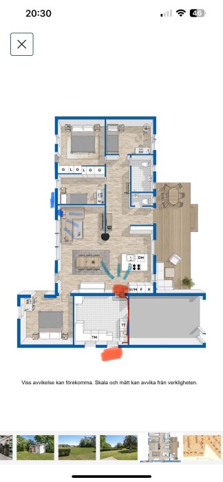 Planritning av en enplansvilla med markerade föreslagna och nuvarande placeringar för luftvärmepumpens delar.