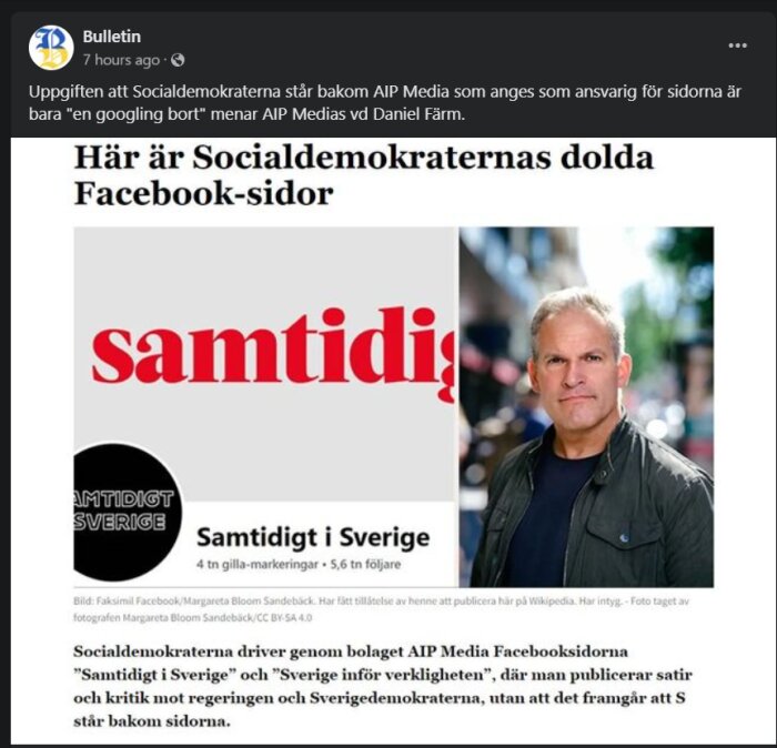 Skärmdump av en artikel med rubriken "Här är Socialdemokraternas dolda Facebook-sidor" och bild på en man.