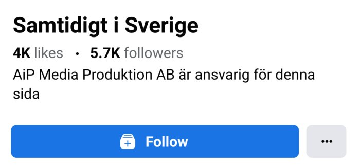 Sida på sociala medier "Samtidigt i Sverige" med 4K likes och 5.7K följare, ansvarig AiP Media Produktion AB.