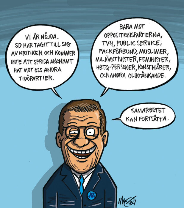 Satirisk karikatyr av politiker med pratbubblor om samarbete och kritik.