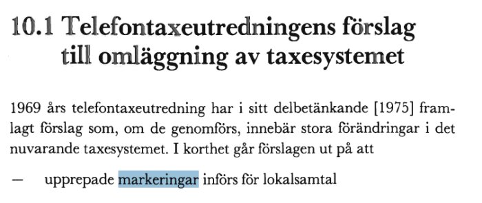 Utdrag ur dokument om förslag från 1969 års telefontaxeutredning till omstrukturering av taxsystemet.