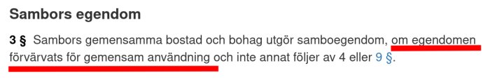 Textutdrag från lag med rubriken "Sambors egendom" som beskriver vad som utgör samboegendom enligt svensk lag.