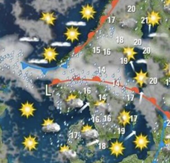 Satellitbild av väderkarta med solsymboler, temperaturnoteringar och röda samt blå pilar som visar vindriktning.