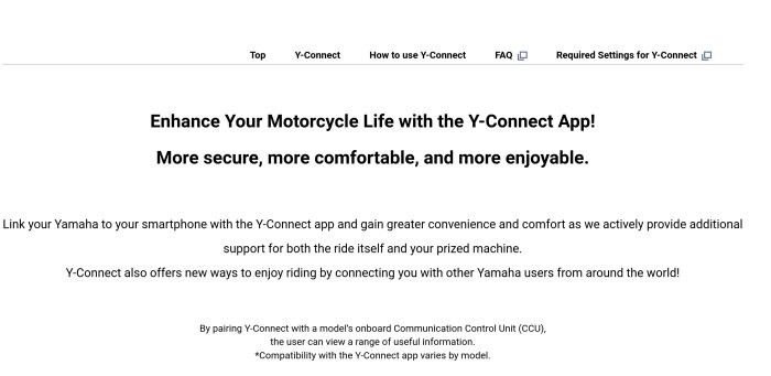 Yamaha Y-Connect app-reklamsida med slogan "Enhance Your Motorcycle Life with the Y-Connect App".