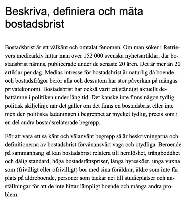 Sida från Boverkets rapport om bostadsbrist med text som diskuterar hur termen används och problematiken kring dess definition.