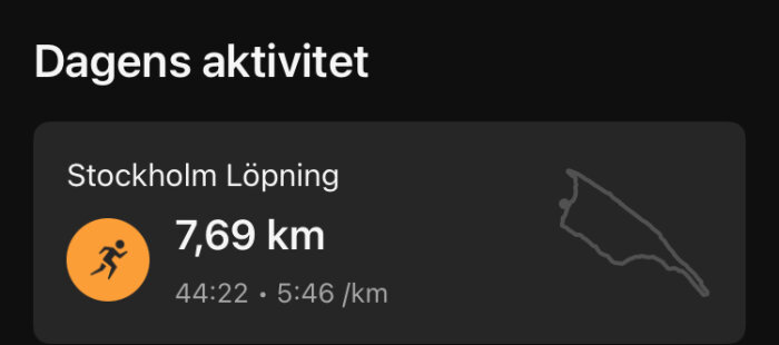 Fitnessapp-skärmdump som visar löpning i Stockholm, 7,69 km med tiden 44:22 och genomsnittstid 5:46 per km.