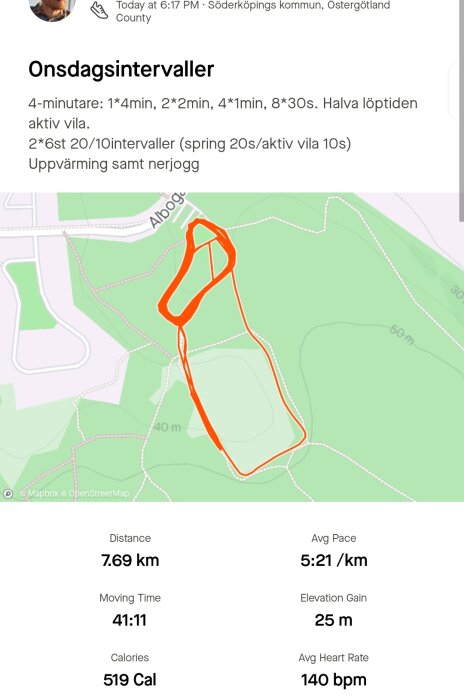 Skärmdump av löprunda data med karta som visar rutt, 7.69 km avstånd, 41:11 rörelsetid, och hälsoinformation som kaloriförbrukning och genomsnittlig puls.