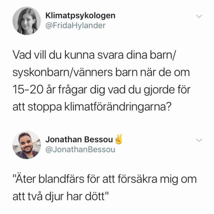 Skärmdump av sociala medier med diskussion om klimatåtgärder, innehåller text från två personer.