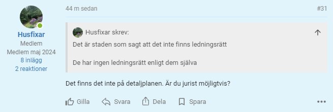 Skärmbild av ett diskussionsinlägg i ett forum angående ledningsrätt och detaljplaner.