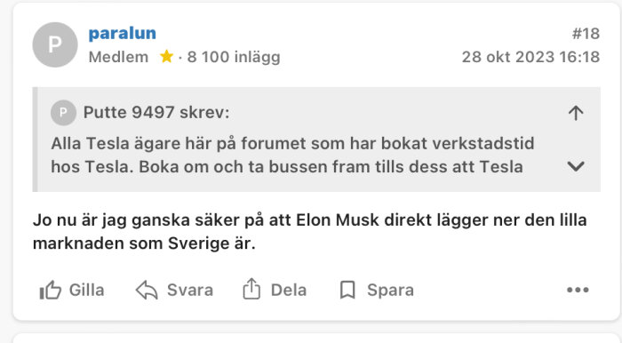 Skärmdump av diskussionsforum där en medlem diskuterar Elons Musks påverkan på den svenska marknaden.