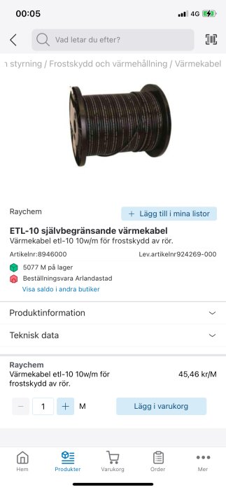 Rulle med självbegränsande värmekabel ETL-10 för frostskydd, visad i en webbutik.