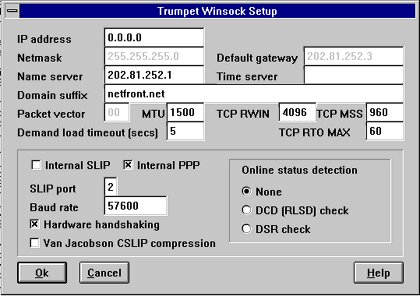 Skärmdump av konfigurationsfönstret för Trumpet Winsock med alternativ för SLIP och PPP valda.