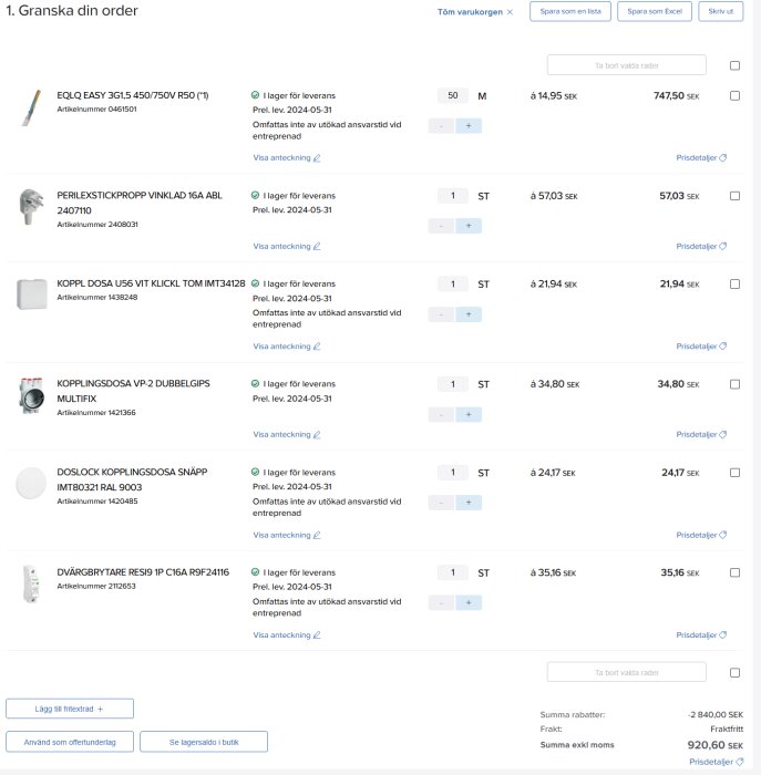 Skärmdump av en onlinevarukorg med olika elinstallationsprodukter och deras priser.