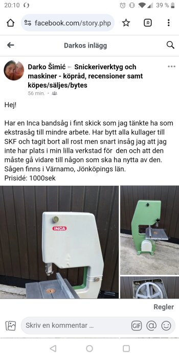 Inca bandsåg i grönt och vitt med renoverade kullager, placerad mot en träbakgrund.