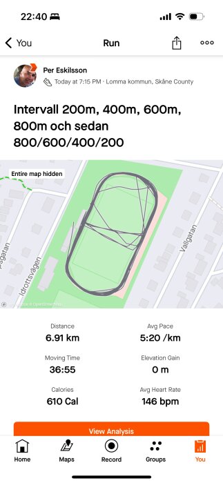 Skärmdump av löparspårningsapp som visar en karta över en löprunda med statistik: 6,91 km, 36:55 min, 610 kalorier.