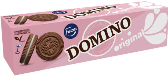 Förpackning av Domino Original-kakor från Fazer, utan palmolja och veganvänliga.