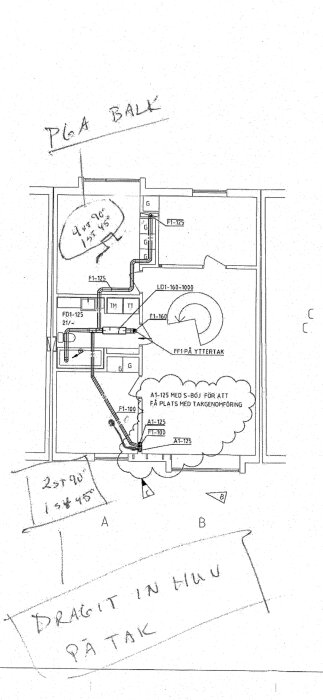Planritning med markeringar och anteckningar, ingen bjälklagritning inkluderad.