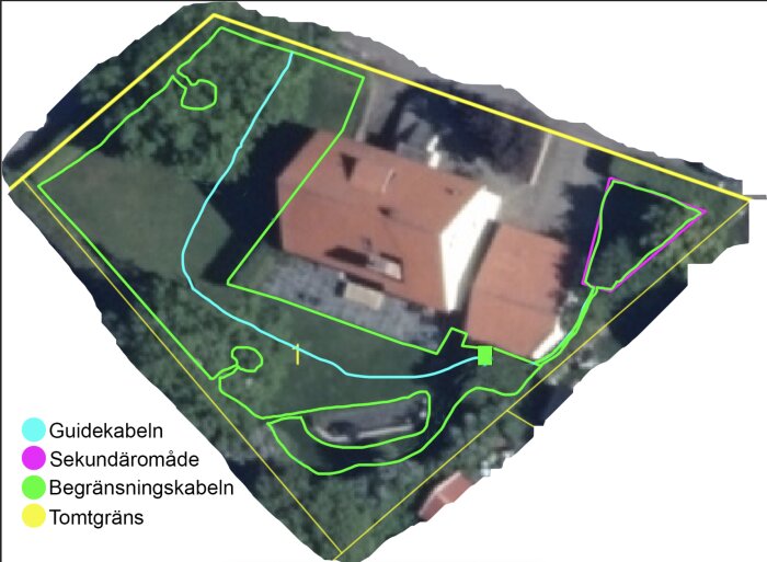 Satellitbild av en tomt med uppritade kablar runt ett hus, inklusive färgkoder för guide-, begränsnings- och sekundärkablar.