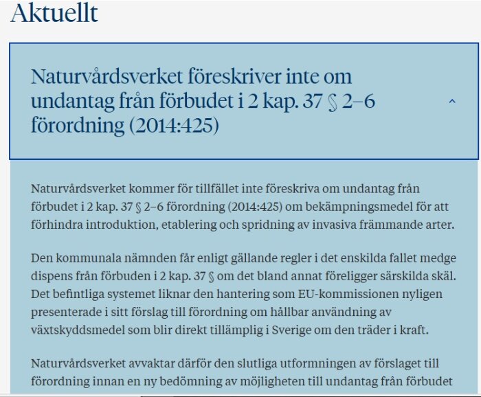 Skärmdump av en webbsida med rubriken "Aktuellt" om Naturvårdsverkets ställningstagande gällande förordning om bekämpningsmedel.