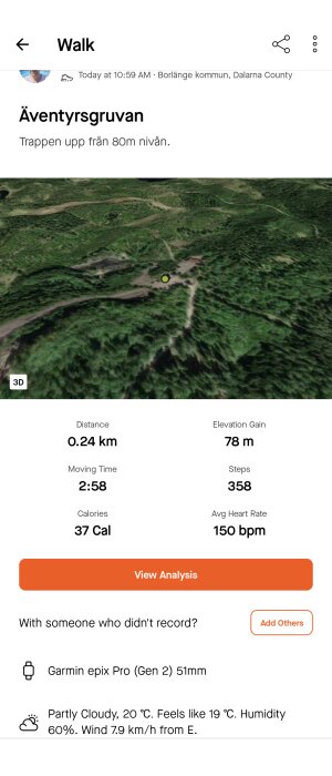 Skärmdump av aktivitetslogg för en promenad vid Äventyrsgruvan med rutt, distans, tid och kaloriförbrukning.