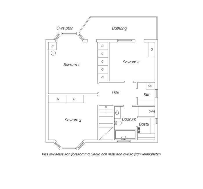 Planritning av ett övre plan i radhus med tre sovrum, hall, badrum, bastu och balkong.