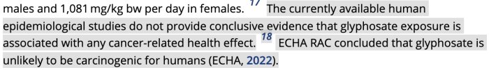 Utdrag från ett dokument som diskuterar studier om glyfosat och dess association med cancerrelaterade hälsoeffekter.