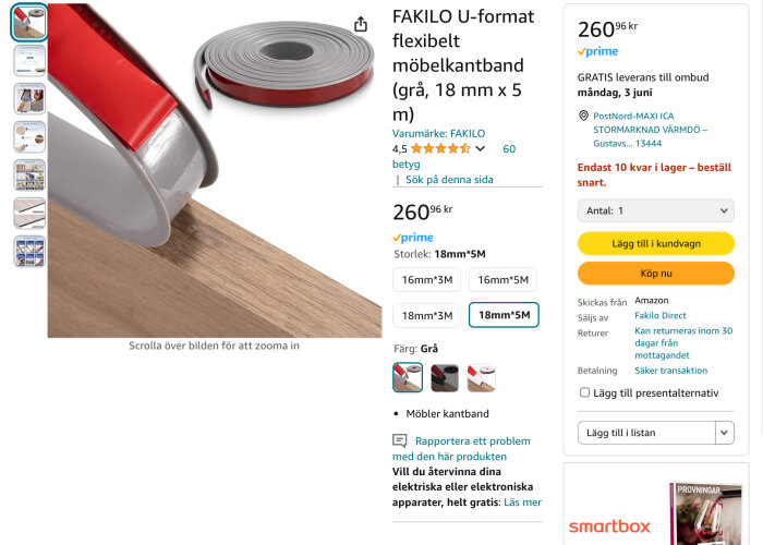 Grå U-formad flexibel möbelkantlist applicerad på träskiva, storlek 18 mm x 5 m, från FAKILO.