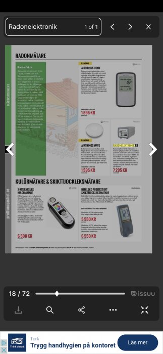 En skärmbild av en webbsida med annonser för olika mätinstrument inklusive en radonmätare.