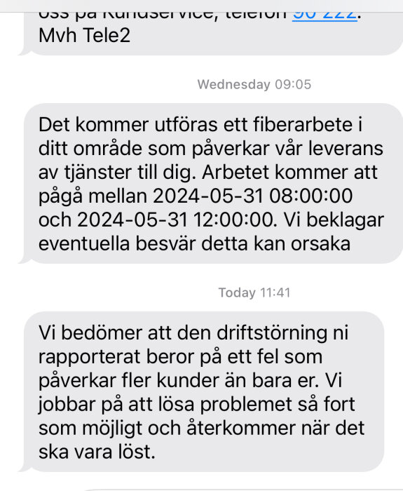 Skärmdump av textmeddelande om planerat fibernätarbete och driftstörning från Tele2.