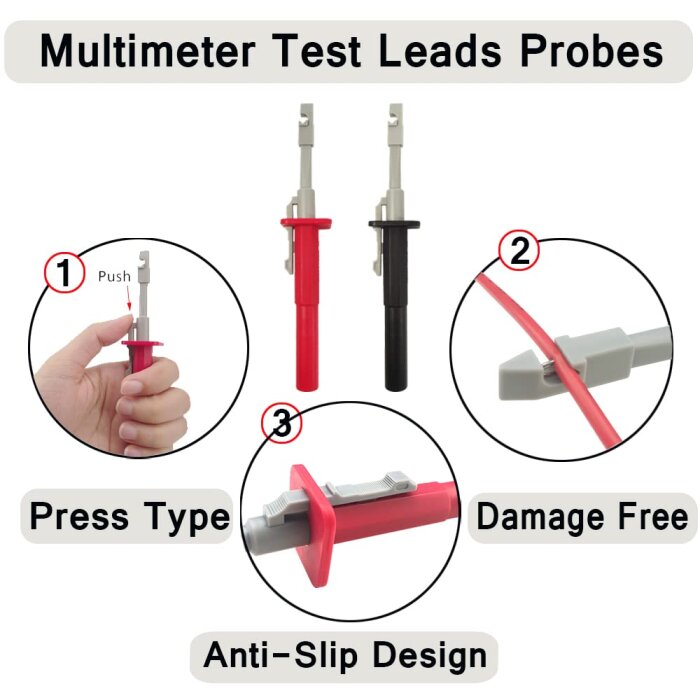 Färgkodade röda och svarta multimetertestsonder med trycktypsfunktion och skadefri anti-halkdesign.