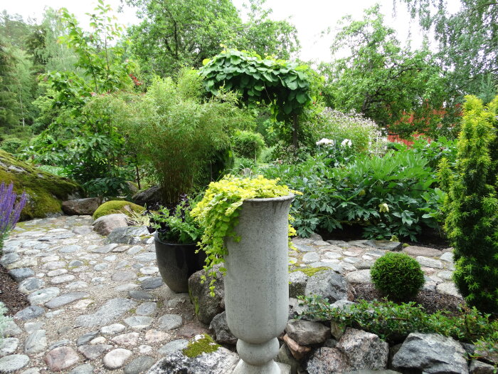 Lummig trädgård med stenlagd stig, blandade växter och krukor som kräver robust stöd, grönska i överflöd.
