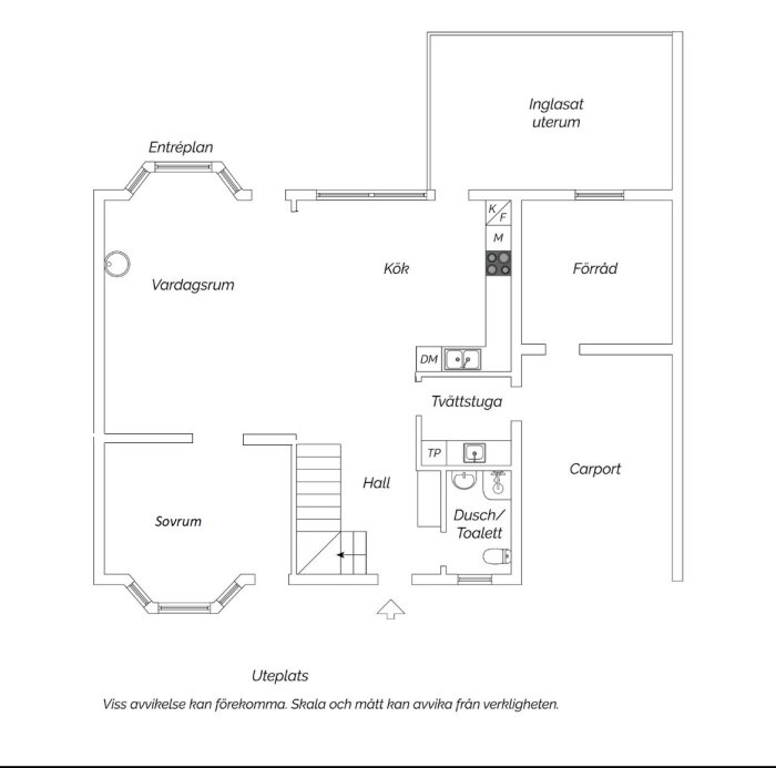 Ritning av ett hus med entréplan, vardagsrum, kök, sovrum, tvättstuga, och inglasat uterum.