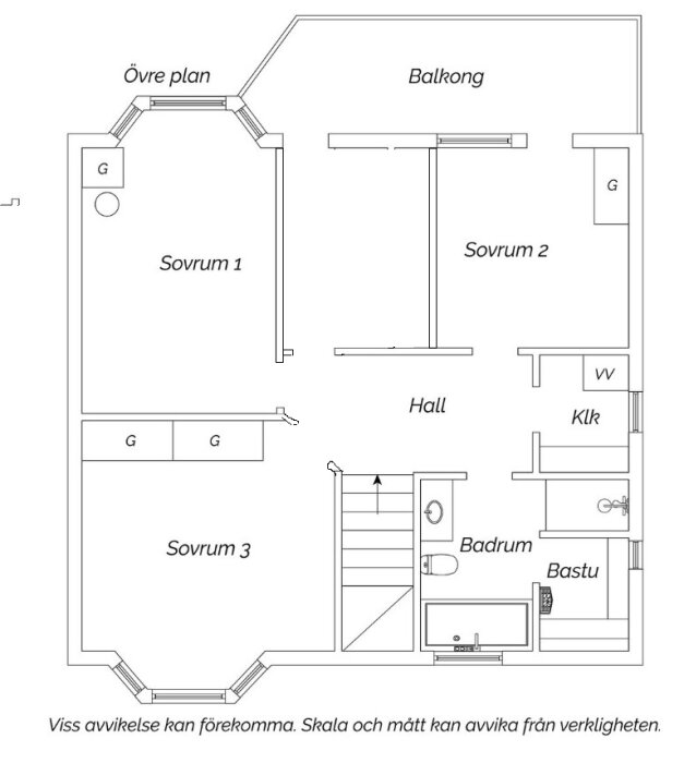 Planritning av ett övervåningsplan med tre sovrum, hall, badrum med bastu och balkong.