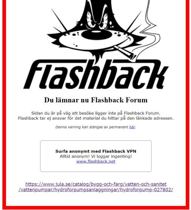 Utgångssida från Flashback Forum med varningstext och en länk till Jula's hydroforpump.