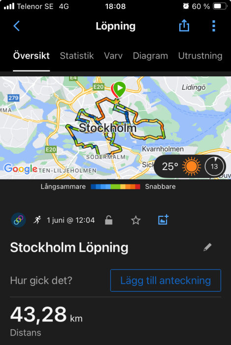 Skärmavbild av en löparapp med en karta över Stockholm som visar en löprutt, väderinfo och löpt avstånd på 43,28 km.