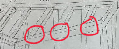 Skiss av pergolabygge med markerade punkter där stolpar möter överliggare i oregelbunden vinkel.