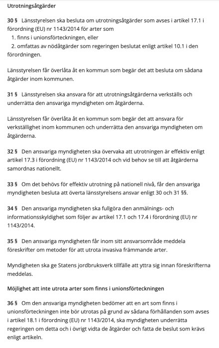 Textdokument som visar §§ 30-36 om utrotningsåtgärder från en svensk förordning relaterad till EU lagstiftning.