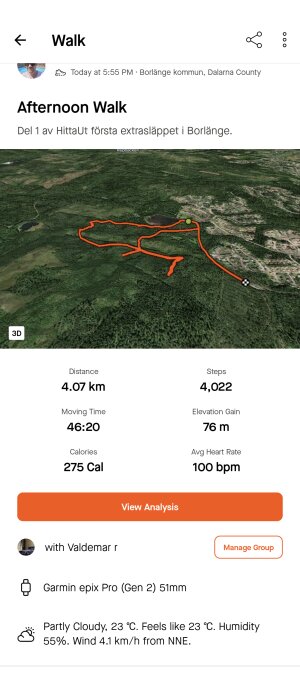 3D karta med markerad promenadrutt på 4,07 km i Borlänge kommun, inklusive statistik om sträckan.