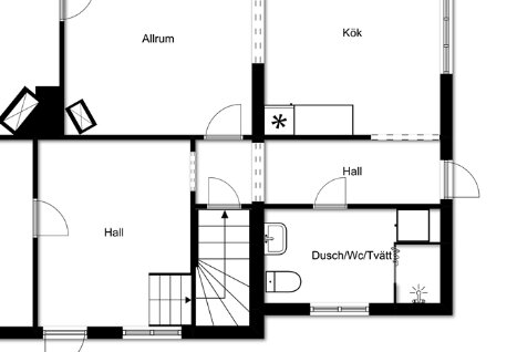 Planritning av ett hus med markerat duschrum vid yttervägg.