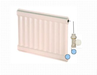 Radiator med termostat och markerade anslutningspunkter, cc40 diskuteras.